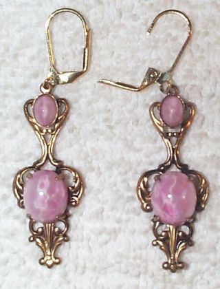 Vintage Stunning Mottled Pink Opalescent Glass & Brass Drop Earrings
