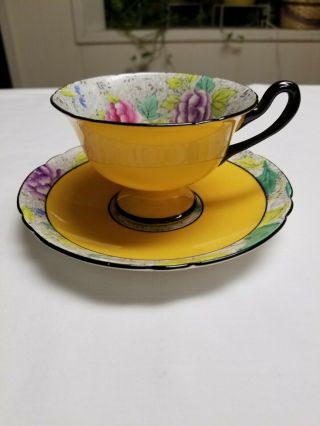 Antique Shelley England China Tea Cup And Saucer 1920s Yellow Flowers Art Deco