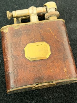 Vintage Golden Wheel Pocket Lighter - Brown Leather Wrap