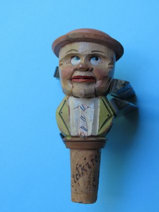 Vintage Hand Carved Wine Bottle Mechanical Wooden Cork,  Folk Art,  Tongue Out Man