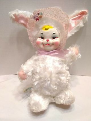 Rushton 1950s Rubber Face Pink And White Furry Rabbit With Bonnet 14 "