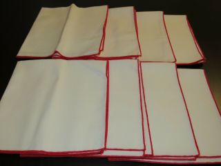 8 Vintage Christmas White Linen Napkins With Red Rolled Hem 16½ " X 16½ "