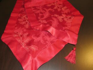 Vintage Christmas Dark Red Damask Table Runner Mantle Cover W Tassels 13 " X 88 "