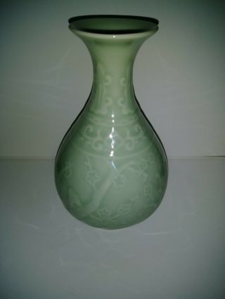 Vintage Celadon Green Raised Relief Porcelain Vase Cherry Blossom Longquan Green