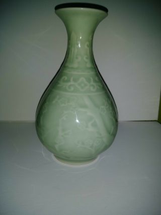 Vintage Celadon Green Raised Relief Porcelain Vase Cherry Blossom Longquan Green 2