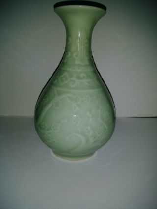 Vintage Celadon Green Raised Relief Porcelain Vase Cherry Blossom Longquan Green 3