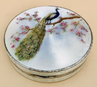 Lovely Large Circular Solid Silver Guilloche Enamel Box,  London Import 1926