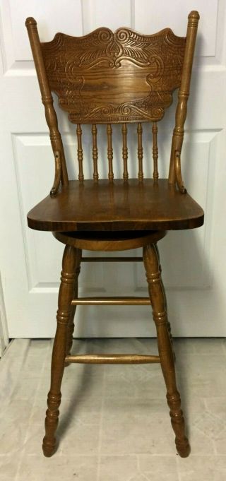 Vintage Bar Stool,  Solid Oak Press Back & Spindle Swivel Counter /chair - Rare
