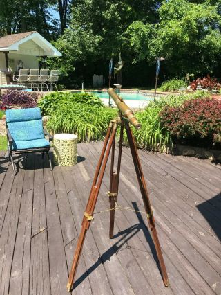 Vintage American Walnut Brass Telescope with Level,  Mounted on Tripod Stand 3