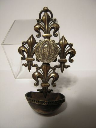 Antique French Fleur De Lys Brass Holy Water Font - Notre Dame De Lourdes