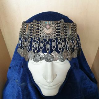 19 Old Rare Antique Islamic Oriental Omani / Yemeni Silver and Brass Head Dress 2