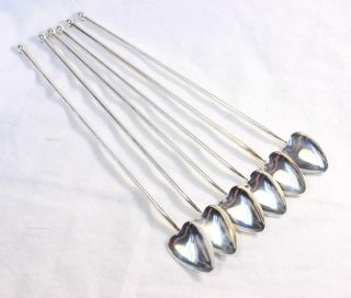 6 Vintage Italy Heart Spoons Iced Tea Sipper Straws Silver Plated Stir Cocktail