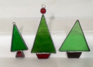 Set Of 3 Vintage Leaded Stained Glass Christmas Trees Ornament Sun Catchers