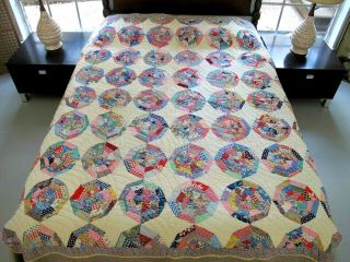 Outstanding Vintage Hand Sewn Feed Sack Spiderweb Heavy Quilt,  82 " X 70 " ; Good