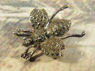 Vintage Unique Sterling Silver 925 Marcasite Bug / Fly / Bee Pin Brooch