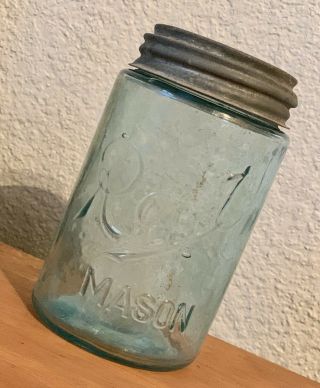 Vintage/antique Root Mason Aqua Pint Fruit Jar Wirh Zinc Lid