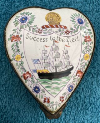 Large Heart Shaped Antique Enamel Bilston Snuff Box - Success To The Fleet