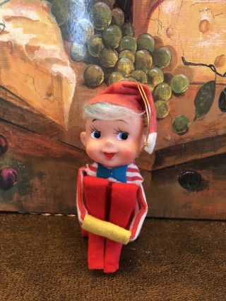 Vintage Pixie Elf Japan Knee Hugger Christmas Ornament Rubber Face Felt 4”