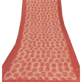 Sanskriti Vintage Cream Saree Pure Chiffon Silk Printed Sari 5Yd Craft Fabric 3