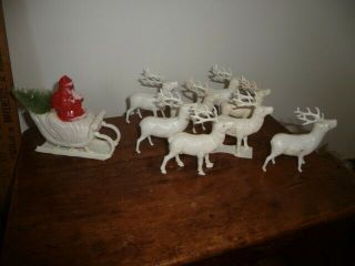 Vintage Hollow Celluloid Santa Claus In Sleigh With 8 Reindeer