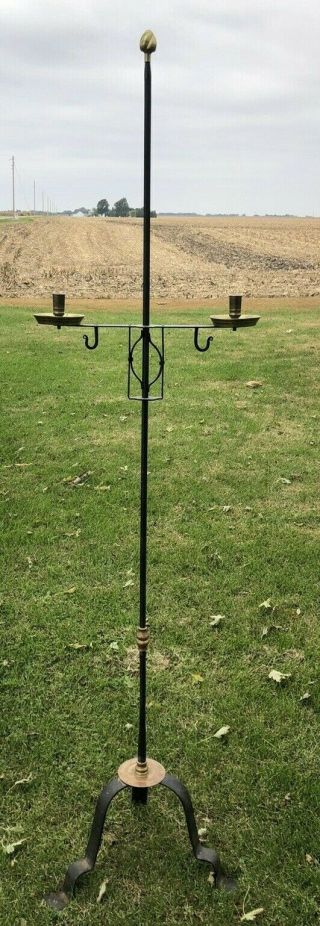 Rare 18th C Floor Standing Wrought Iron Adjustable Double Candle Holder