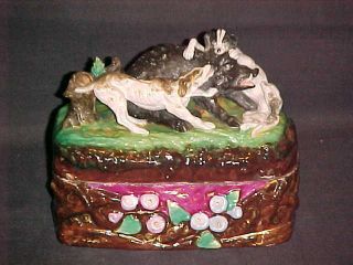 Antique English Staffordshire Inkwell Hunting Dogs Wild Boar With Inserts