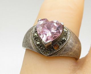 925 Sterling Silver - Vintage Pink Topaz Love Heart Cocktail Ring Sz 7 - R10952