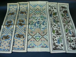 Group Of Antique Chinese Embroidered Silk Panel Bands With Figures