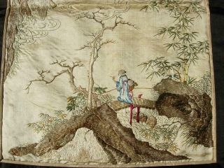 Antique Chinese Embroidered Cream Color Silk Panel W Figures In Landscape