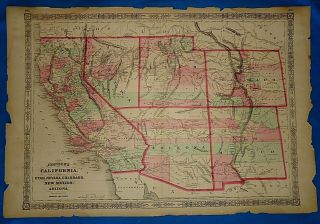 Vintage 1864 American Southwest Territories Map Old Antique Authentic Atlas Map