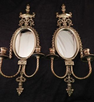 Pair Vintage Neoclassical Brass Bronze Wall Sconces Candleholders & Mirrors Vgc