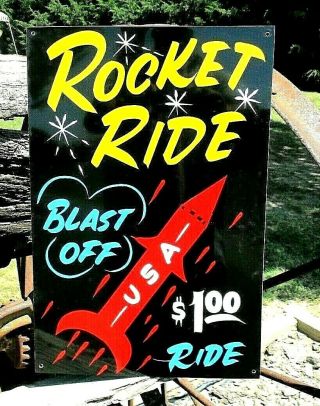 Vintage Metal Carnival Rocket Ride Sign Circus Amusement Park Midway Fair Art