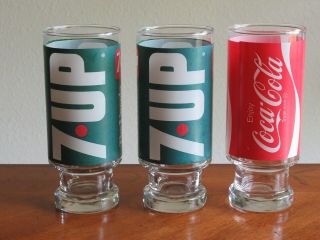 Vintage Set (2,  1) The Uncola Wet & Wild 7 Up Coca Cola 12oz Pedestal Glass 6.  5 "