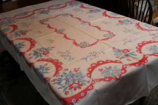 Vintage Cotton Kitchen Tablecloth 56x72 Flowers W Pink And Blue
