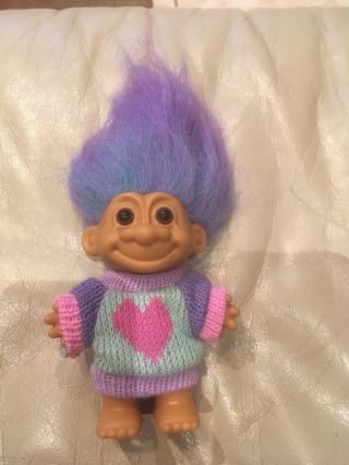 Russ Troll Doll Heart Sweater Girl / Purple Teal Hair Vintage Toys