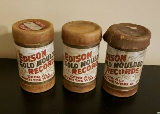 Set Of 3 Vintage Edison Gold Moulded Records Containers With 1 Cylinder 1904
