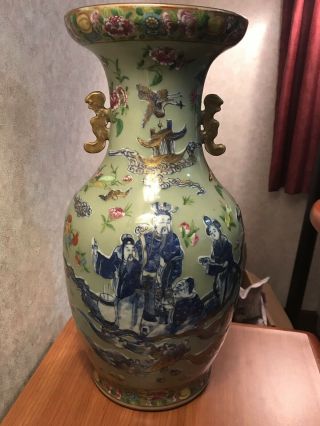 Chinese Celadon Background Famille Rose 17.  25” Vase - Mid 19th Century.
