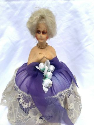Antique Vtg Half Lady Porcelain Doll Pin Cushion Nude French Purple Lace Dress