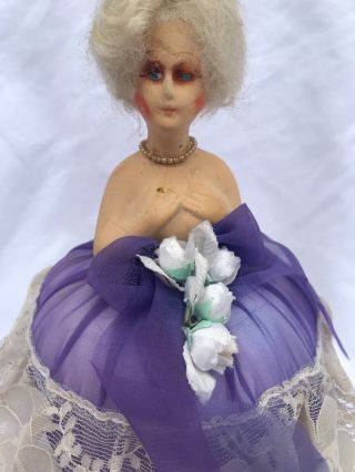 Antique Vtg HALF LADY Porcelain Doll Pin Cushion Nude French Purple Lace Dress 2