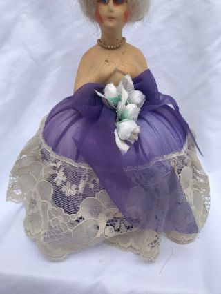 Antique Vtg HALF LADY Porcelain Doll Pin Cushion Nude French Purple Lace Dress 3
