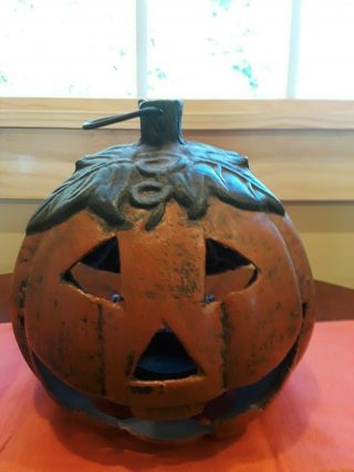 Vintage Cast Iron Heavy Jack - O - Lantern Pumpkin Tea Light Candle Holder Halloween 2