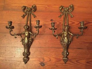 Antique Figural 2 Arms Brass Wall Candle Sconces Cherub