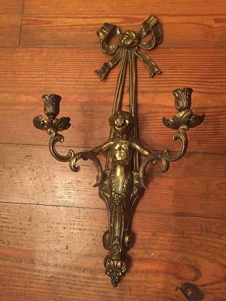 ANTIQUE FIGURAL 2 ARMS BRASS WALL CANDLE SCONCES CHERUB 2
