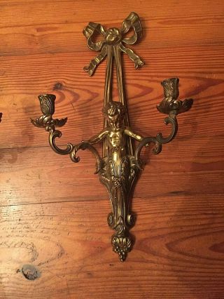 ANTIQUE FIGURAL 2 ARMS BRASS WALL CANDLE SCONCES CHERUB 3