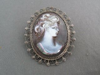 Vintage Victorian Filigree Sterling 800 Black Mother Of Pearl Cameo Pin Pendant
