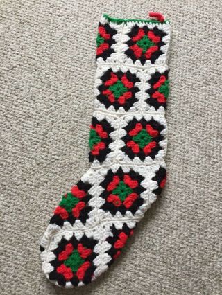 Handmade Crochet Granny Square Christmas Stockings Red Green White Black Vtg F