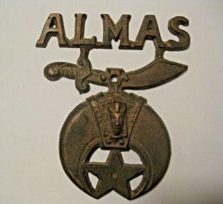 Vintage Almas Temple Washington Masonic Brass Automobile License Plate Topper