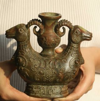 Chinese Old Natural Jade Hand - Carved Statue Double Dragon Vase Bottle 6 Inch