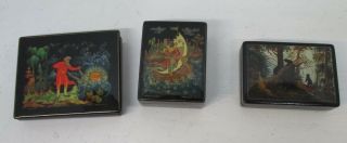 Three Hand Painted And Signed Vintage Russian Black Lacquered Boxes.  Quality.
