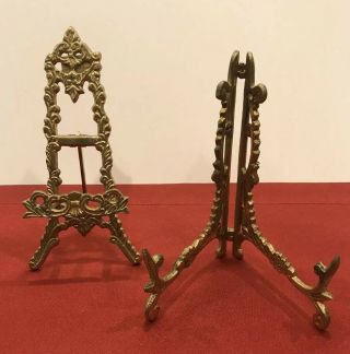 2 - Vintage Small Brass Ornate Solid Display Easel And Picture Stand Table Top
